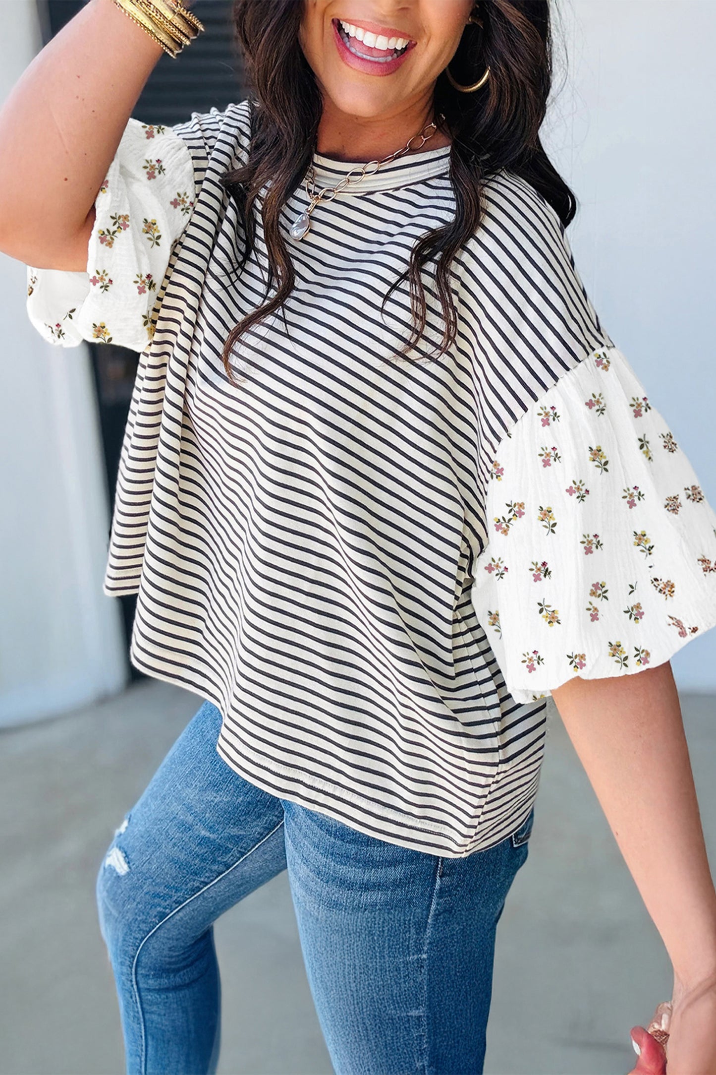 Striped Floral Patchwork Puff Sleeve Loose Casual Top