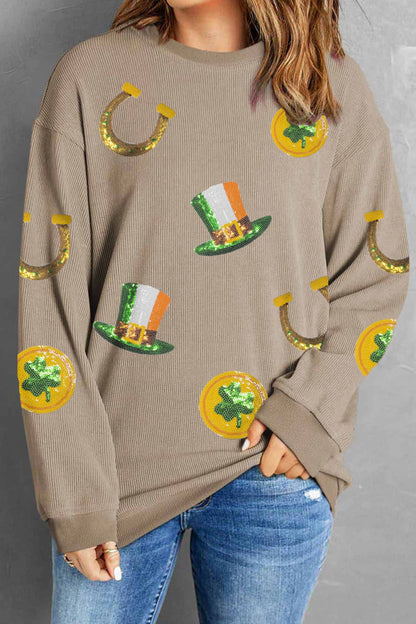 Khaki Sequin Lucky Graphic Corded Ribbed Sweatshirt