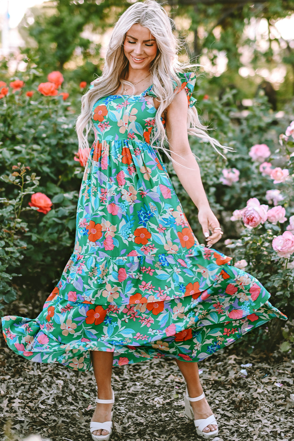 Easter Floral Square Neck Ruffle Strap Maxi Dress