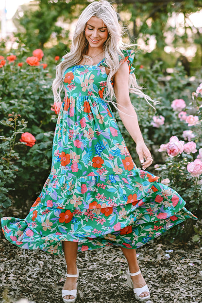 Easter Floral Square Neck Ruffle Strap Maxi Dress
