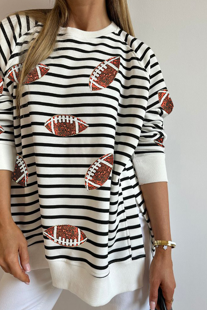 Game Day Black Stripe Sequin Rugby Football Side Slits Oversized Sweatshirt