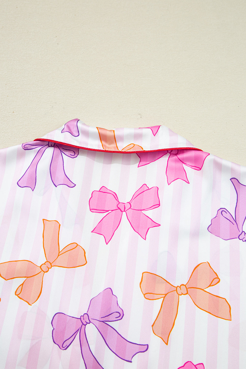 Pink Striped Bow Print Contrast Trim Pajama Set