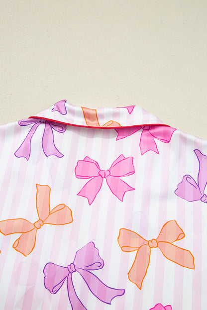 Pink Striped Bow Print Contrast Trim Pajama Set