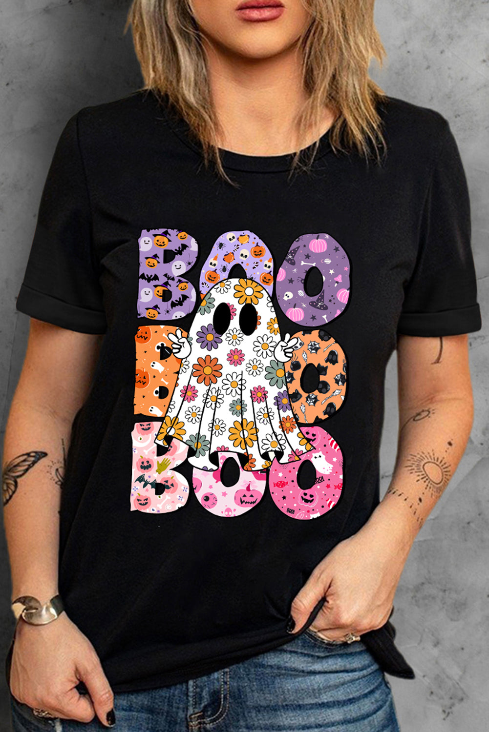 Black BOO Ghost Halloween Floral Graphic T Shirt
