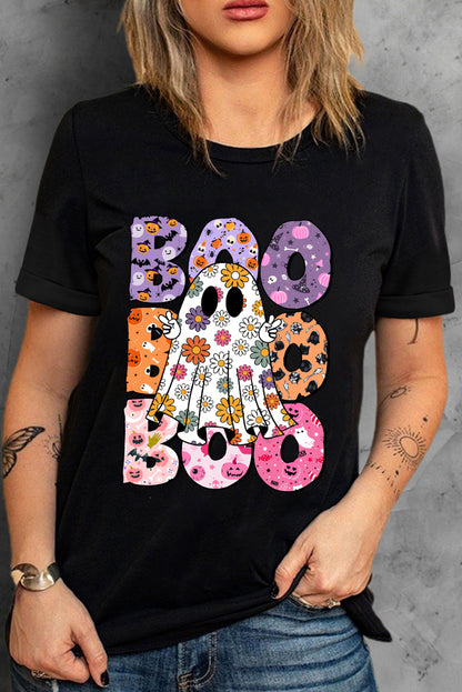 Black BOO Ghost Halloween Floral Graphic T Shirt