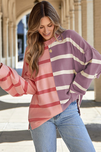 Neutral Colorblock Knit Sweater – Oversized Fit Pullover