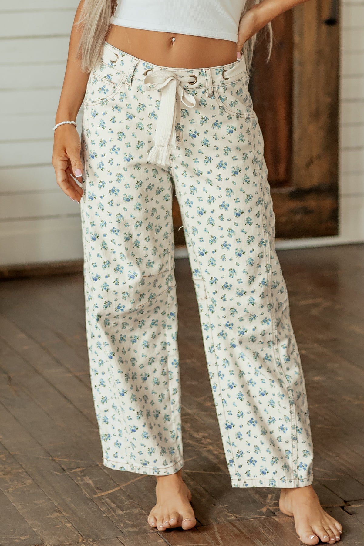 Floral Barrel Leg Drawstring Waist Casual Pants Women
