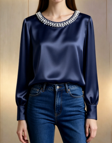 Elegant Satin Pearl Neck Blouse Long Sleeve Top