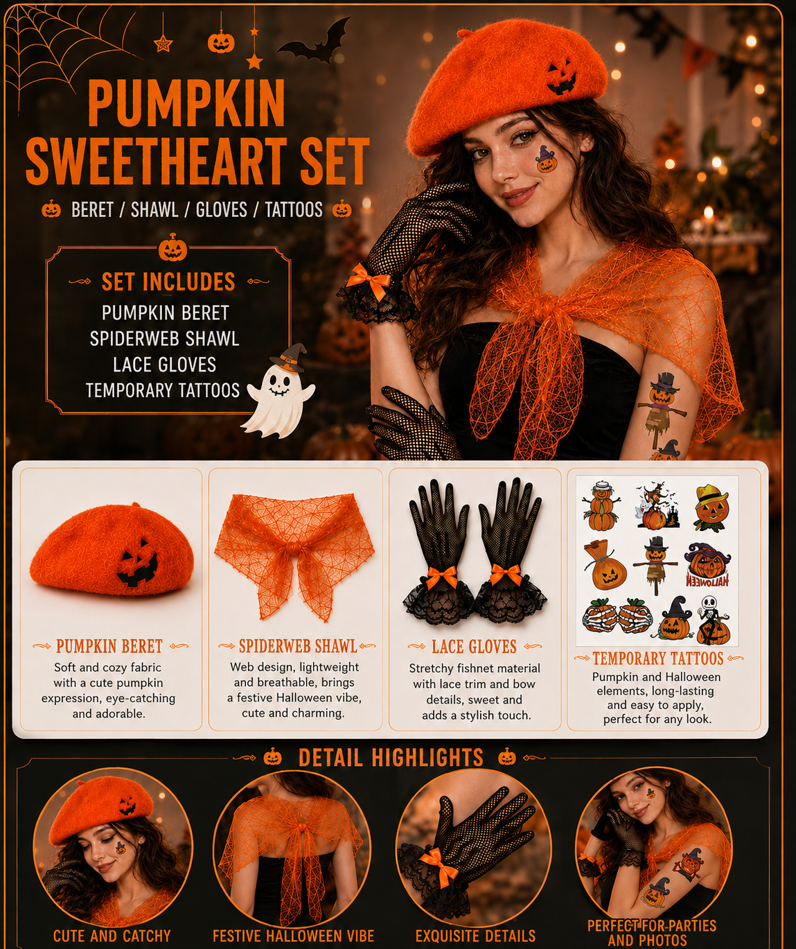 Halloween Pumpkin Costume Accessories Set with Beret