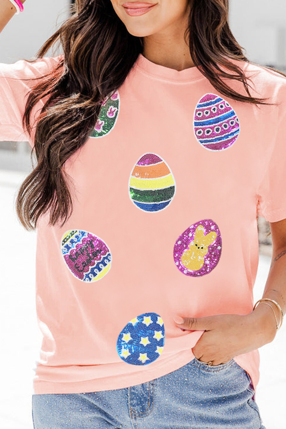 Pink Sequin Easter Egg Graphic Short Sleeve Casual Tee