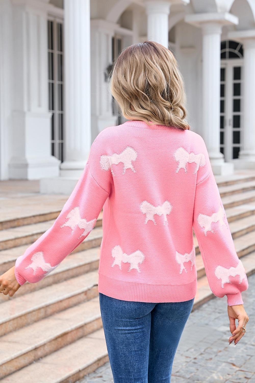 Bow Knit Pullover Sweater - Cozy Graphic Crewneck Top