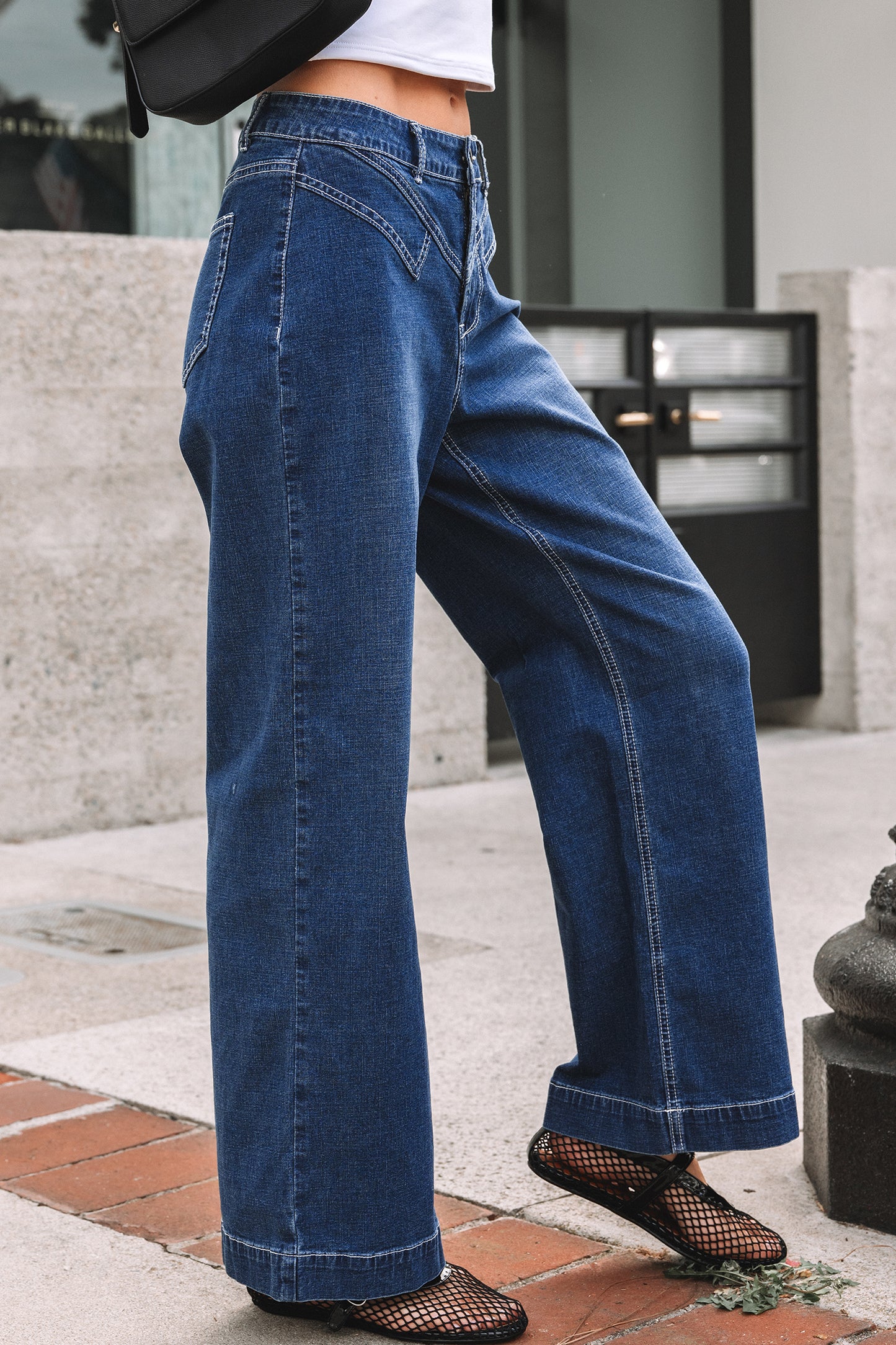 Sail Blue Stitched High Waist Loose Cuffed Jeans