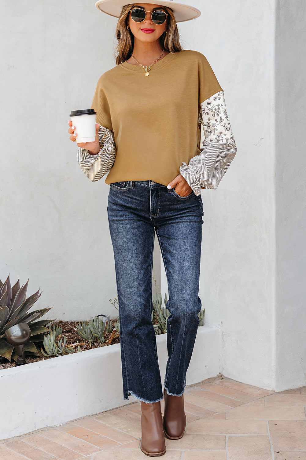 Camel Patchwork Floral Striped Ruffle Sleeve Sweatshirt
