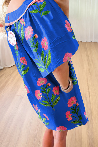 Easter Floral Split Neck Short Sleeve Mini Dress