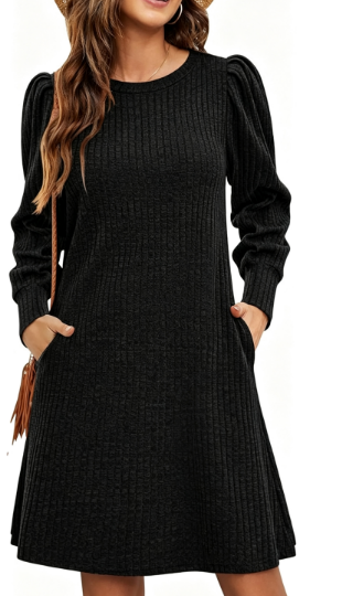 Women's Puff Sleeve Sweater Dress A-Line with Pockets