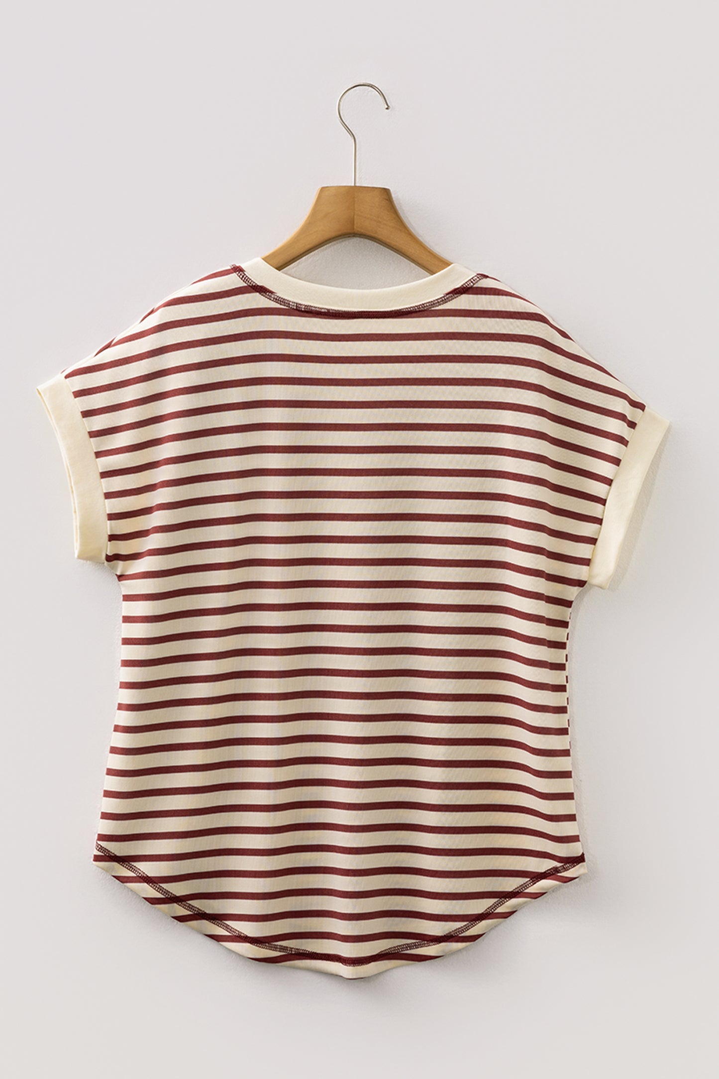 Red Striped Henley Short Sleeve Knit T-Shirt Top