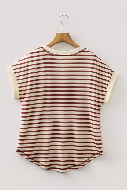 Red Striped Henley Short Sleeve Knit T-Shirt Top