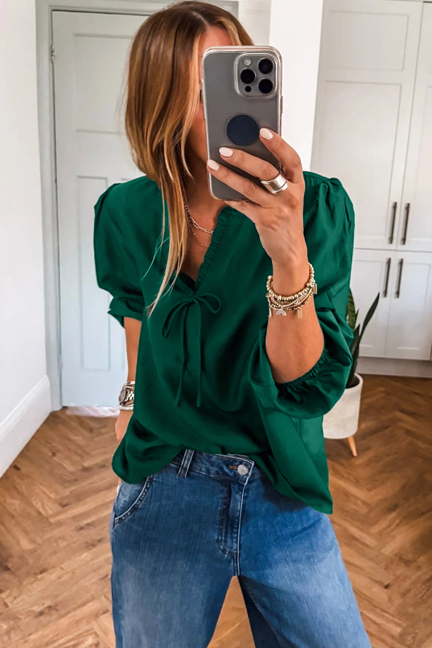 Dark Green Ruffle V Neck Bow Tie 3/4 Sleeve Blouse