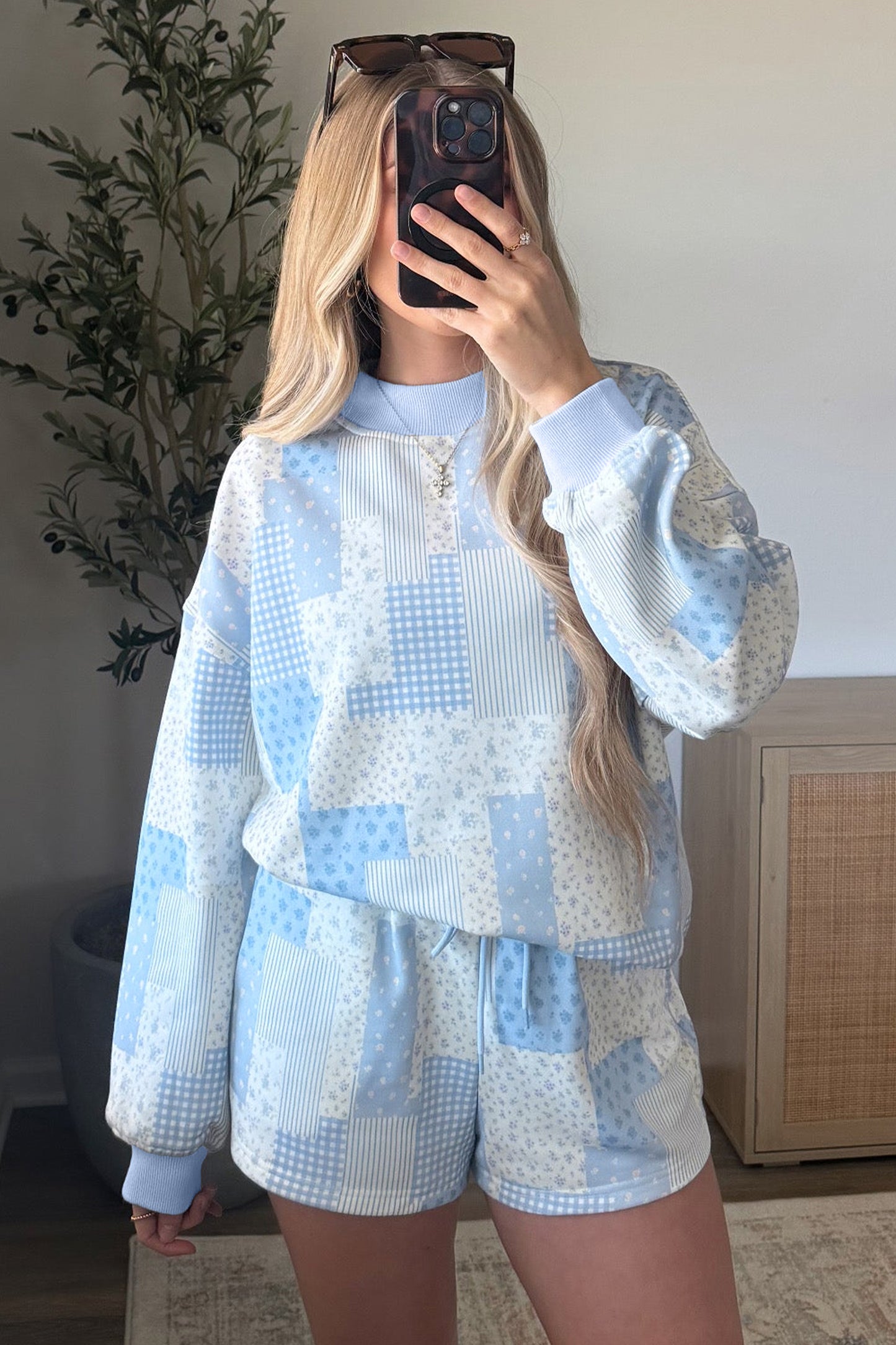 Sky Blue Floral Patchwork Pullover Shorts Set