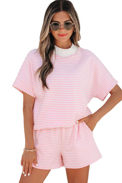 Casual Stripe 2 Piece Short Set Women Lounge Outfit