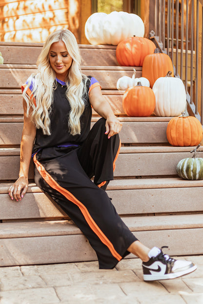 Navy Color Block Lounge Set Wide Leg Pants 2 Piece