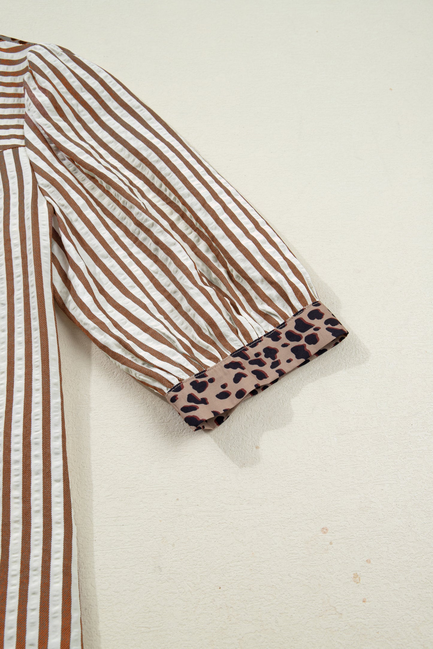 Brown Stripe V Neck Button Down Top with Leopard Trim Detail