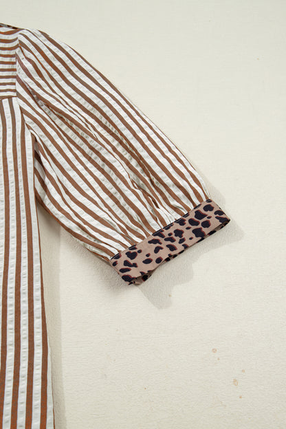 Brown Stripe V Neck Button Down Top with Leopard Trim Detail