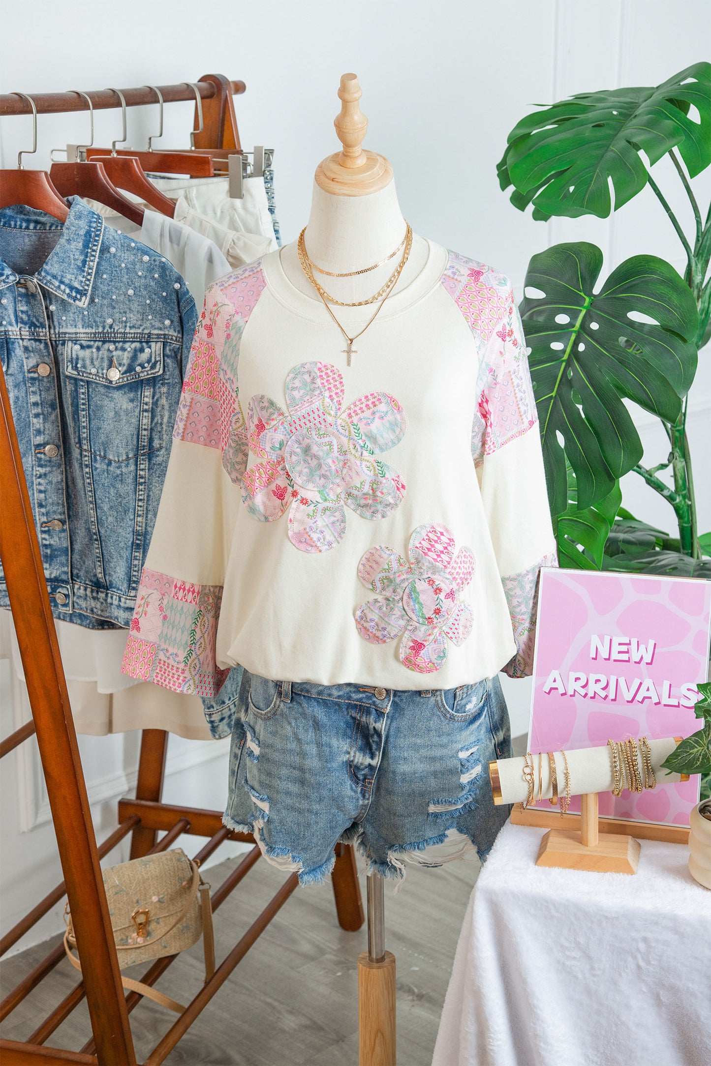 Boho Patchwork Floral Graphic Long Sleeve Top Women