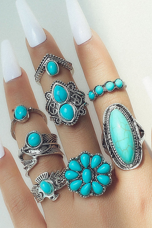 Turquoise Western Ring Set 8 Piece Vintage Boho Jewelry