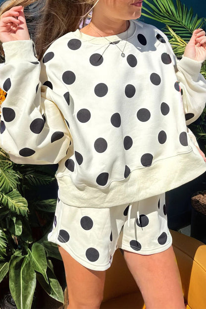 Pink Polka Dot Drop Shoulder Pullover Shorts Set