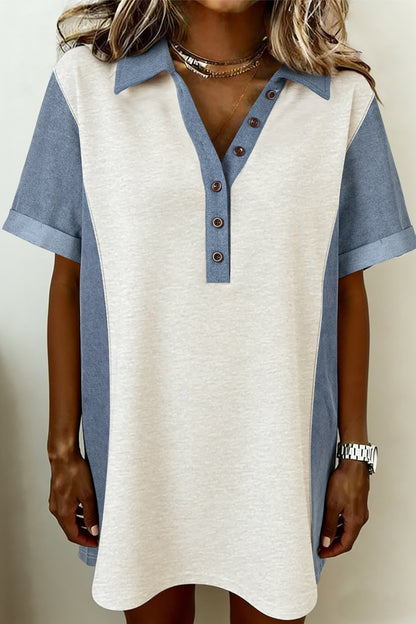 Color Block Button Polo Collar Loose Fit T Shirt Dress