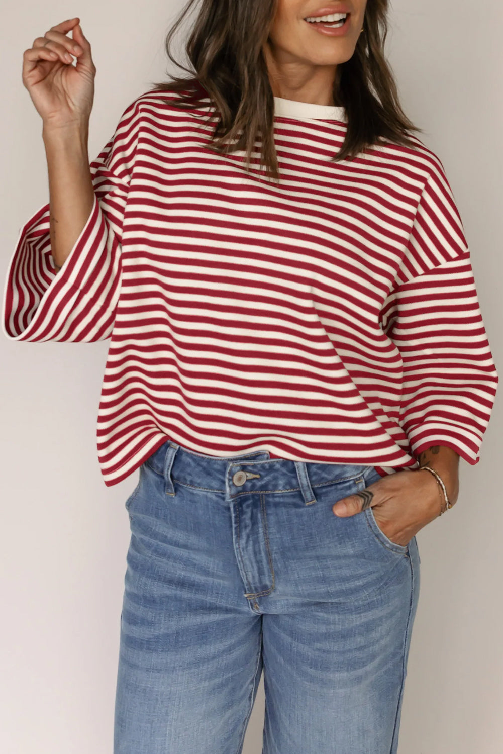Red Stripe Bow Cutout Back Drop Shoulder Loose Tee