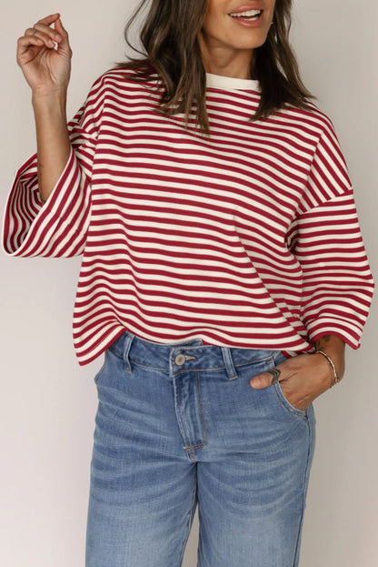 Red Stripe Bow Cutout Back Drop Shoulder Loose Tee