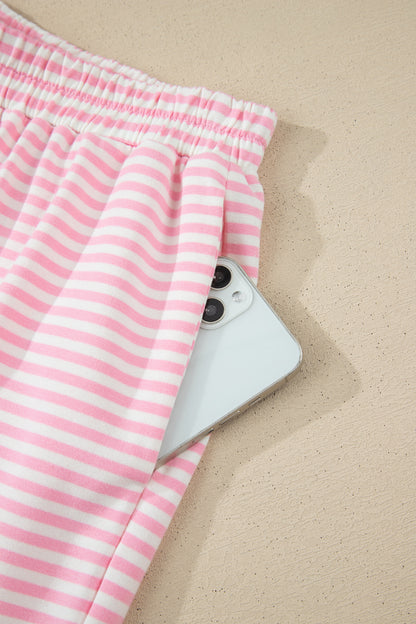 Pink Stripe Oversized Mock Neck Sweatshirt Shorts Set