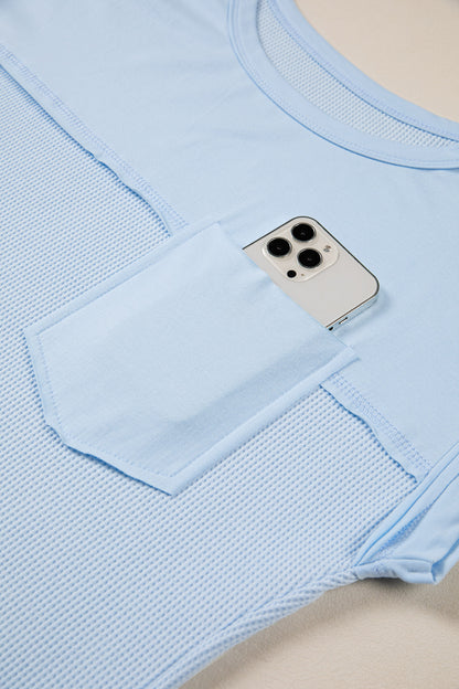 Waffle Knit Patchwork Pocket Loose Fit Casual T Shirt