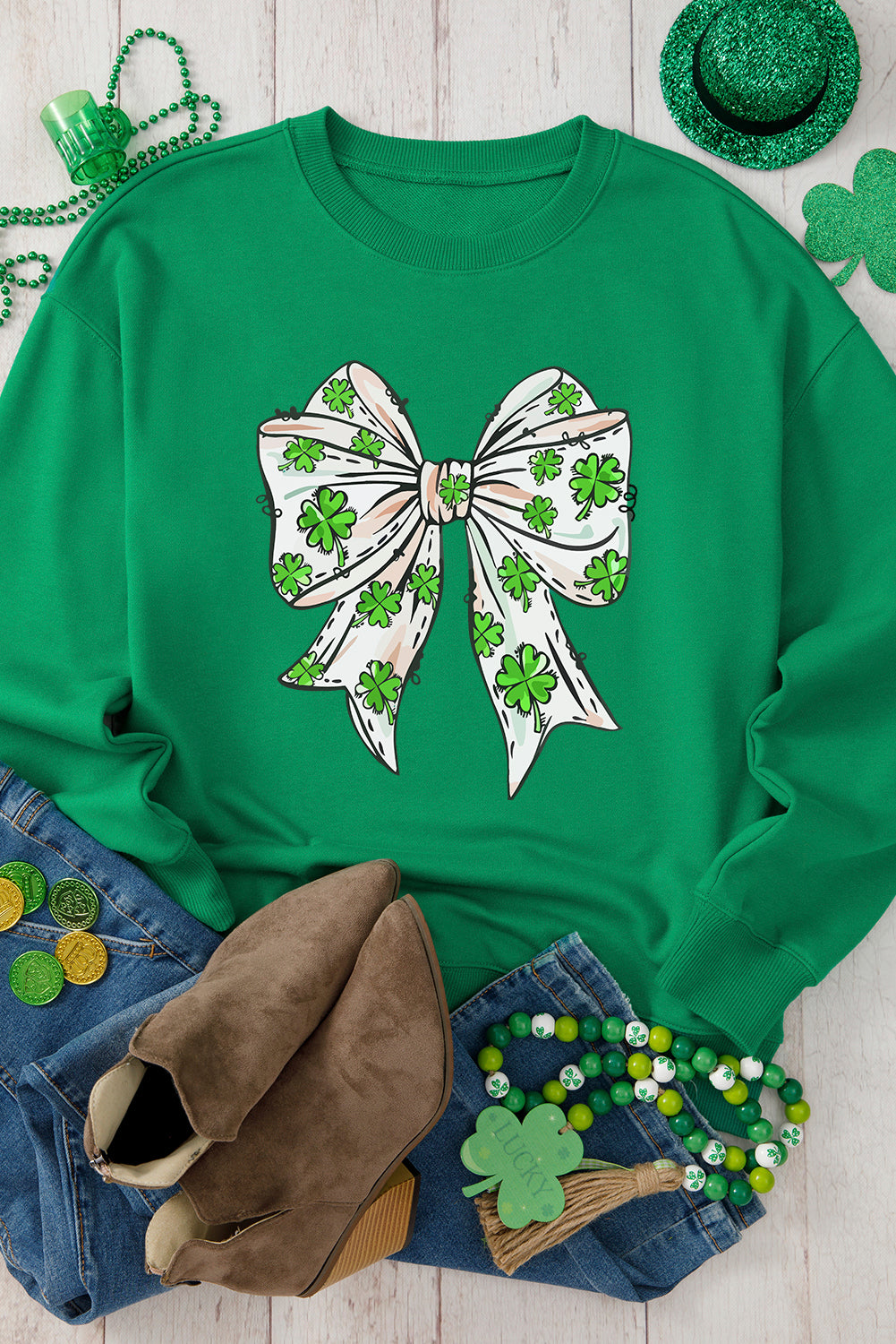 Dark Green Clover Bow St Patrick’s Drop Shoulder Sweatshirt