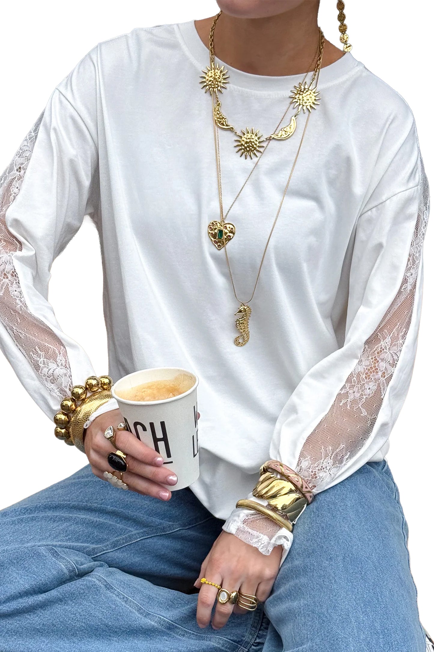 White Lace Sleeve Casual Round Neck Long Sleeve Top Women