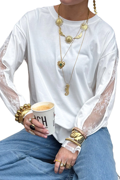 White Lace Sleeve Casual Round Neck Long Sleeve Top Women