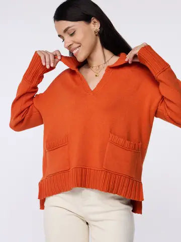 Orange V Neck Collared Knit Sweater with Front Pockets