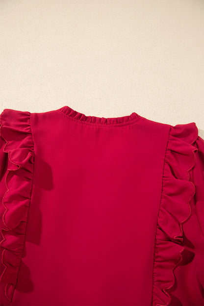 Red Ruffle V-Neck Long Sleeve Tiered Midi Dress