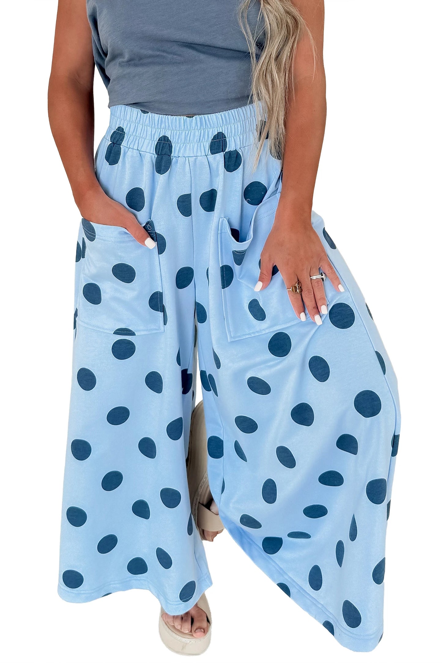 Khaki Polka Dot Wide Leg Palazzo Pants with Pockets