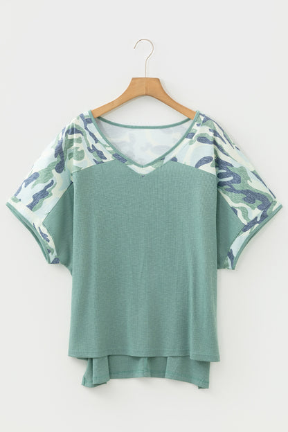 Women Camo Sleeve V Neck Casual Loose Fit Summer Top
