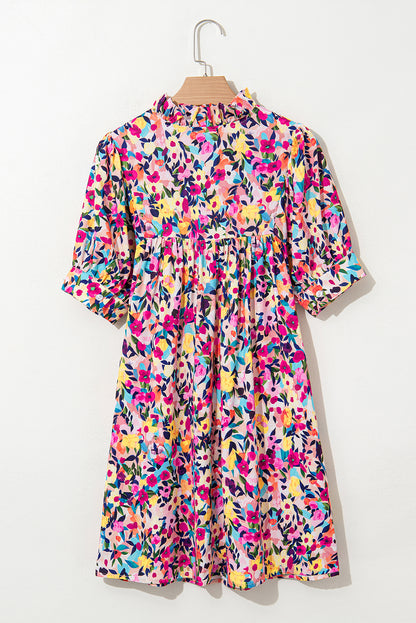 Pink Floral Puff Sleeve V Neck Mini Dress