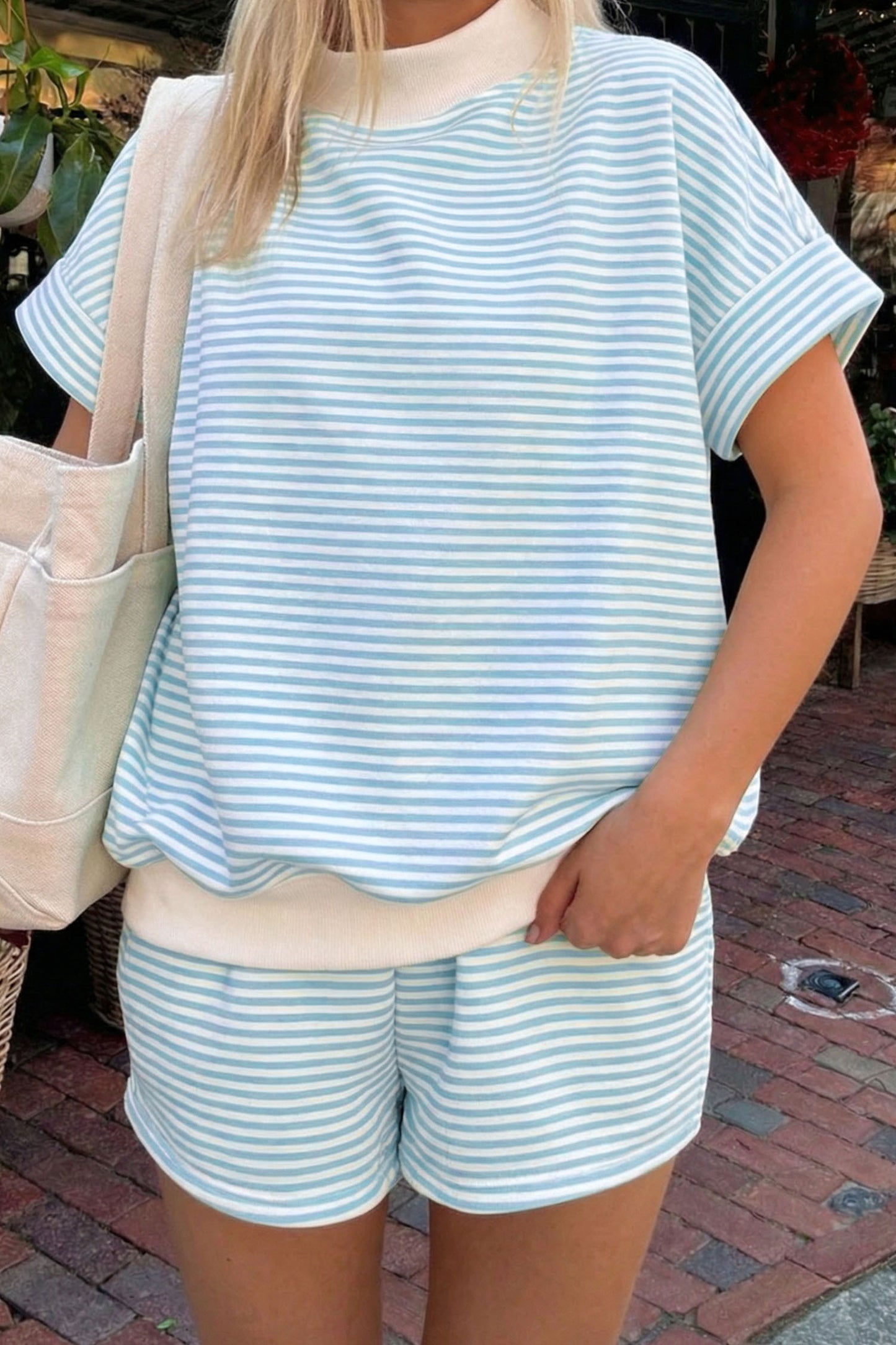 Casual Stripe 2 Piece Short Set Women Lounge Outfit