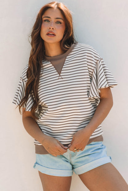 Green Striped Ruffle Sleeve Contrast Casual Top