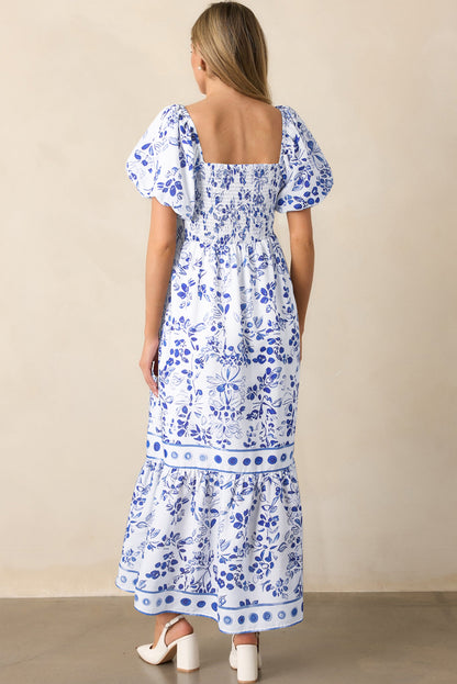 Blue Floral Square Neck Smocked Maxi Dress