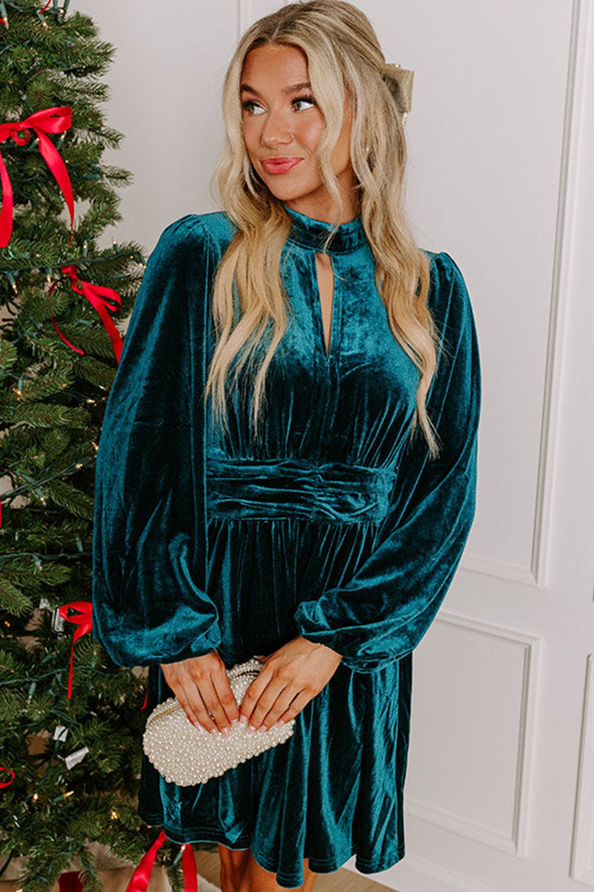 Skobeloff High Neck Keyhole Detail Long Sleeve Velvet Mini Dress
