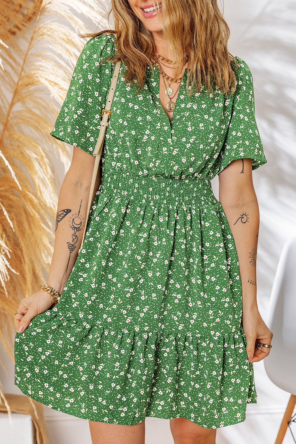 Boho Floral V Neck Smocked Waist Mini Dress