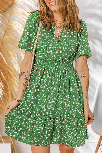 Boho Floral V Neck Smocked Waist Mini Dress