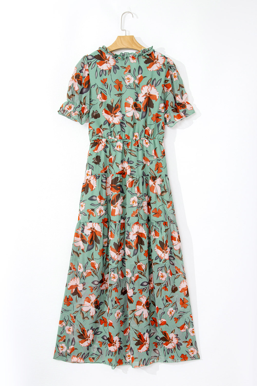 Sky Blue Floral V Neck Ruffle Short Sleeve Maxi Dress